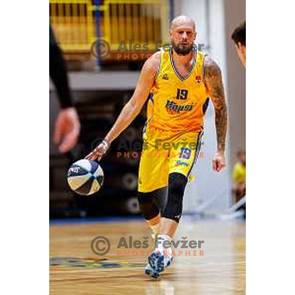 Miha Vasl in action during OTP Bank League 2025/2026 basketball match between Hopsi Polzela and Sentjur in Polzela, Slovenia on October 4, 2025 