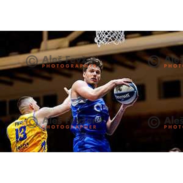in action during OTP Bank League 2025/2026 basketball match between Hopsi Polzela and Sentjur in Polzela, Slovenia on October 4, 2025