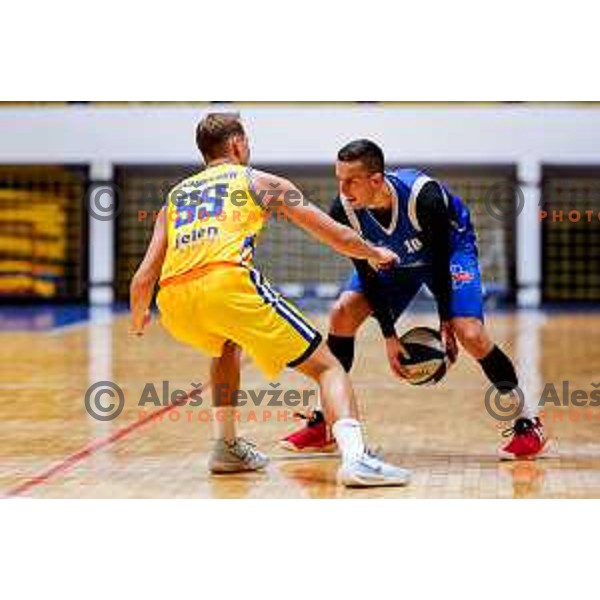 Jure Pelko in action during OTP Bank League 2025/2026 basketball match between Hopsi Polzela and Sentjur in Polzela, Slovenia on October 4, 2025 
