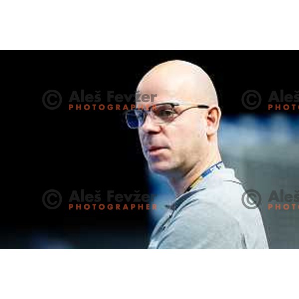 Head coach of Krim Mercator, Vanja Kralj during EHF Women’s Champions League 2025/2026 handball match between Krim OTP Group Mercator (SLO) and Ferencvaros TC-Rail Cargo Hungaria (HU) in Ljubljana, Slovenia on October 5, 2025. Photo: Filip Barbalic