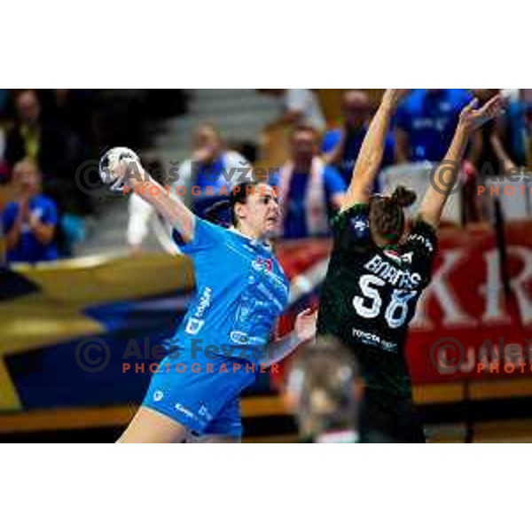 Tea Pogorelc of Krim Mercator in action during EHF Women’s Champions League 2025/2026 handball match between Krim OTP Group Mercator (SLO) and Ferencvaros TC-Rail Cargo Hungaria (HU) in Ljubljana, Slovenia on October 5, 2025. Photo: Filip Barbalic