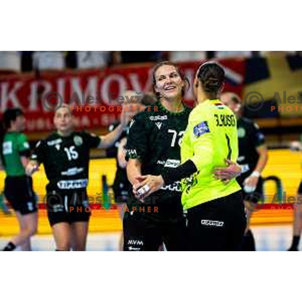 Dragana Cvijic and Laura Glauser of Ferencvaros TC-Rail Cargo Hungaria celebrate win in EHF Women’s Champions League 2025/2026 handball match between Krim OTP Group Mercator (SLO) and Ferencvaros TC-Rail Cargo Hungaria (HU) in Ljubljana, Slovenia on October 5, 2025. Photo: Filip Barbalic