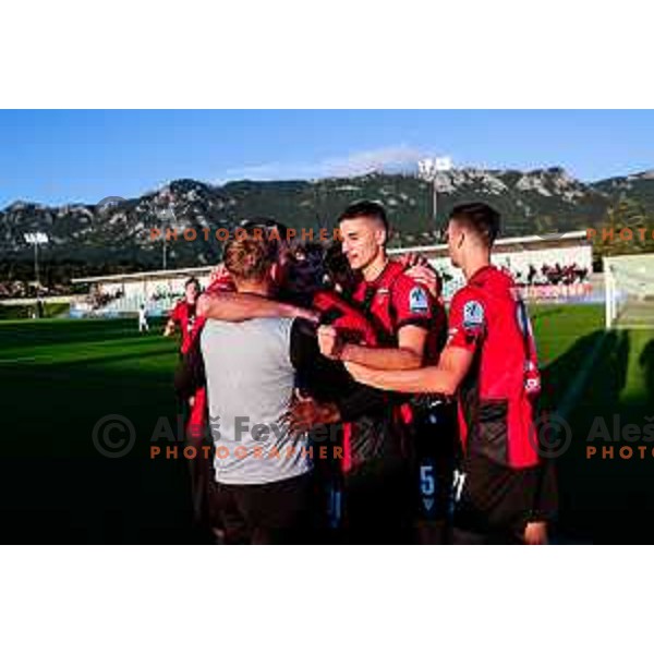 Ishaq Rafiu and players of Primorje celebrate a goal during Prva liga Telemach 2025/2026 football match between Primorje and Koper in Ajdovscina, Slovenia on October 5, 2025