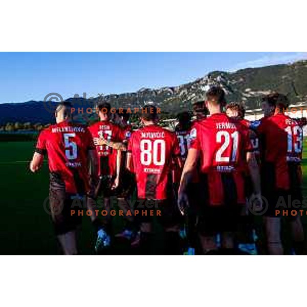 Ishaq Rafiu and players of Primorje celebrate a goal during Prva liga Telemach 2025/2026 football match between Primorje and Koper in Ajdovscina, Slovenia on October 5, 2025