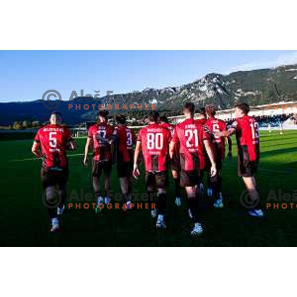Ishaq Rafiu and players of Primorje celebrate a goal during Prva liga Telemach 2025/2026 football match between Primorje and Koper in Ajdovscina, Slovenia on October 5, 2025