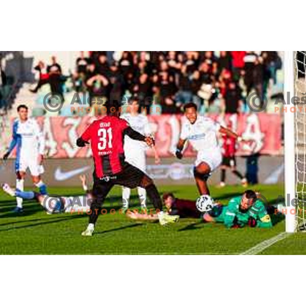Ishaq Rafiu scores a goal during Prva liga Telemach 2025/2026 football match between Primorje and Koper in Ajdovscina, Slovenia on October 5, 2025