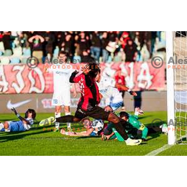 Ishaq Rafiu scores a goal during Prva liga Telemach 2025/2026 football match between Primorje and Koper in Ajdovscina, Slovenia on October 5, 2025