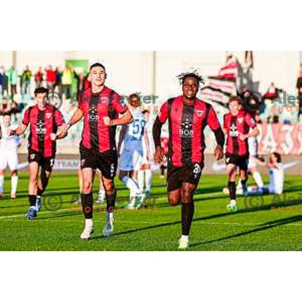 Ishaq Rafiu celebrates a goal during Prva liga Telemach 2025/2026 football match between Primorje and Koper in Ajdovscina, Slovenia on October 5, 2025