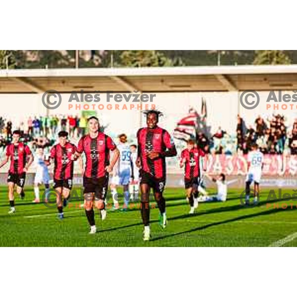 Ishaq Rafiu celebrates a goal during Prva liga Telemach 2025/2026 football match between Primorje and Koper in Ajdovscina, Slovenia on October 5, 2025