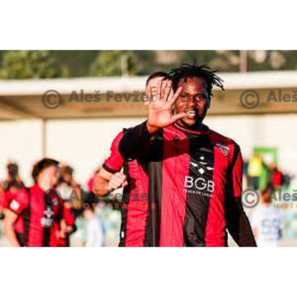 Ishaq Rafiu and players of Primorje celebrate a goal during Prva liga Telemach 2025/2026 football match between Primorje and Koper in Ajdovscina, Slovenia on October 5, 2025