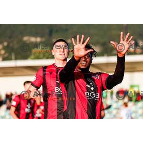 Ishaq Rafiu and players of Primorje celebrate a goal during Prva liga Telemach 2025/2026 football match between Primorje and Koper in Ajdovscina, Slovenia on October 5, 2025