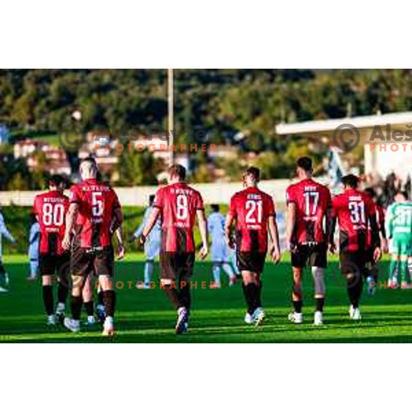 Ishaq Rafiu and players of Primorje celebrate a goal during Prva liga Telemach 2025/2026 football match between Primorje and Koper in Ajdovscina, Slovenia on October 5, 2025