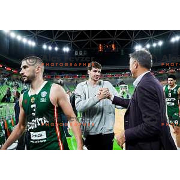 Luka Brajkovic of Cedevita Olimpija and director of Cedevita Olimpija, Davor Uzbinec after ABA League 2025/2026 basketball match between Cedevita Olimpija (SLO) and Mega Superbet (SRB) in SRC Stozice, Ljubljana, Slovenia on October 5, 2025. Photo: Filip Barbalic