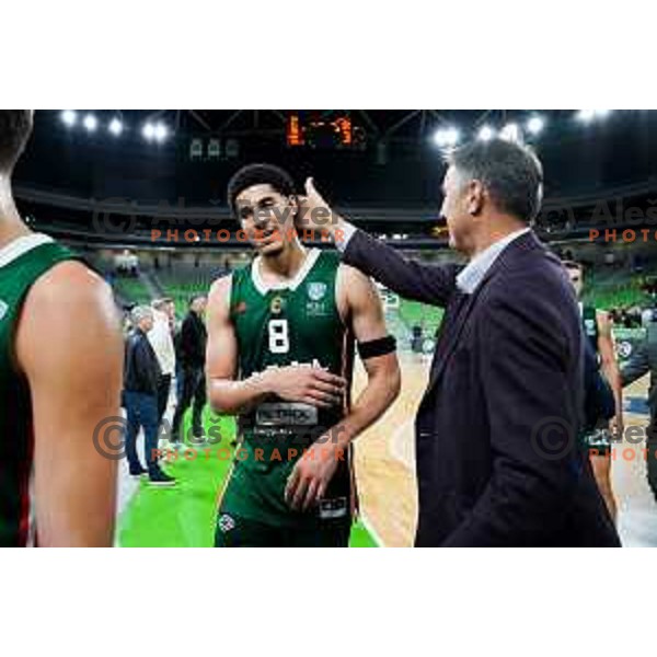 Cameron Houindo of Cedevita Olimpija and director of Cedevita Olimpija, Davor Uzbinec after ABA League 2025/2026 basketball match between Cedevita Olimpija (SLO) and Mega Superbet (SRB) in SRC Stozice, Ljubljana, Slovenia on October 5, 2025. Photo: Filip Barbalic