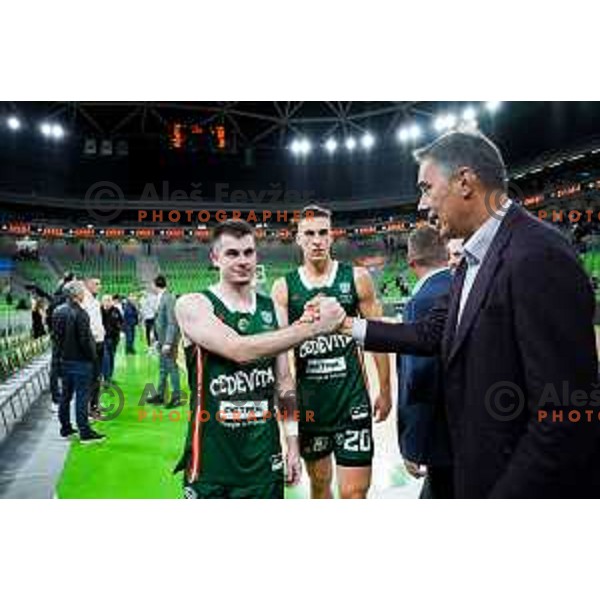 Joseph Girard III of Cedevita Olimpija and director of Cedevita Olimpija, Davor Uzbinec after ABA League 2025/2026 basketball match between Cedevita Olimpija (SLO) and Mega Superbet (SRB) in SRC Stozice, Ljubljana, Slovenia on October 5, 2025. Photo: Filip Barbalic