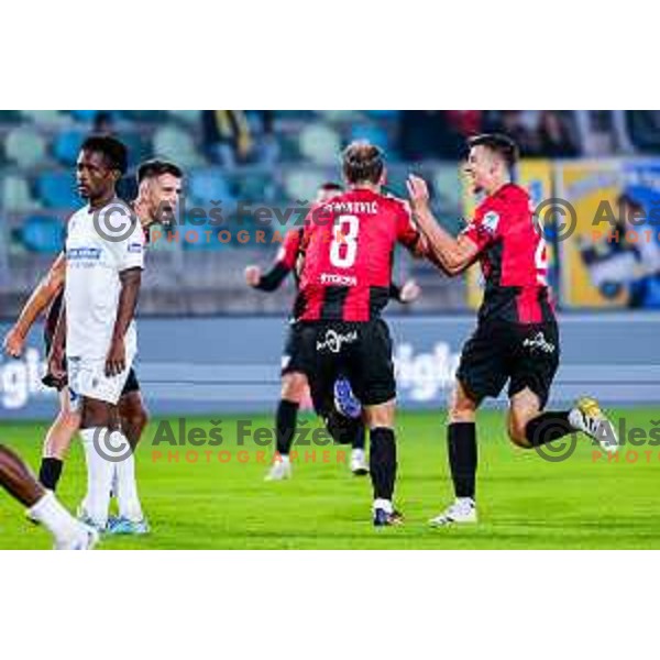 Elian Demirovic and players of Primorje celebrate a goal during Prva liga Telemach 2025/2026 football match between Primorje and Koper in Ajdovscina, Slovenia on October 5, 2025