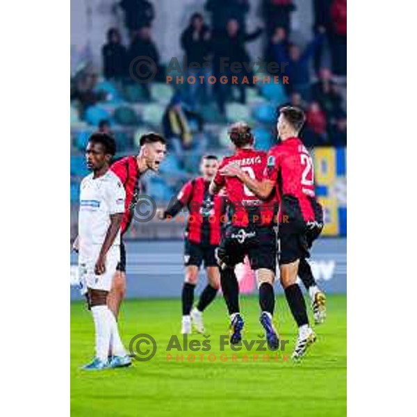 Elian Demirovic and players of Primorje celebrate a goal during Prva liga Telemach 2025/2026 football match between Primorje and Koper in Ajdovscina, Slovenia on October 5, 2025