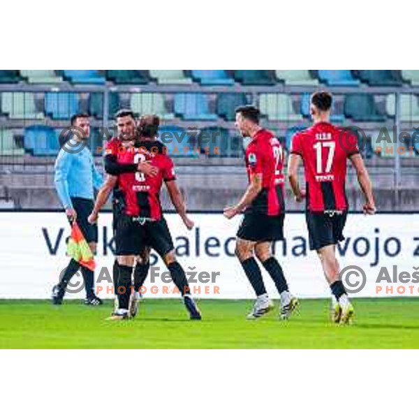 Elian Demirovic and players of Primorje celebrate a goal during Prva liga Telemach 2025/2026 football match between Primorje and Koper in Ajdovscina, Slovenia on October 5, 2025