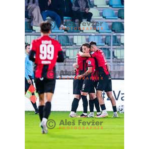 Elian Demirovic and players of Primorje celebrate a goal during Prva liga Telemach 2025/2026 football match between Primorje and Koper in Ajdovscina, Slovenia on October 5, 2025