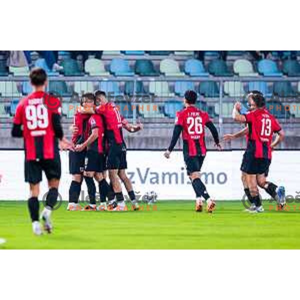 Elian Demirovic and players of Primorje celebrate a goal during Prva liga Telemach 2025/2026 football match between Primorje and Koper in Ajdovscina, Slovenia on October 5, 2025