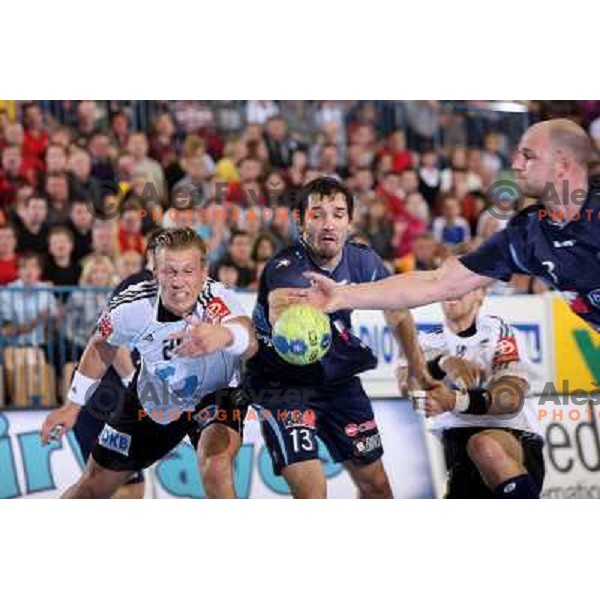 Kaufmann (21), Spiler and Kozomara at handball match Slovenia- Germany in Qualification for Euro 2010, played in Arena Zlatorog, Celje, Slovenia 2.11.2008. Germany won 27:26 