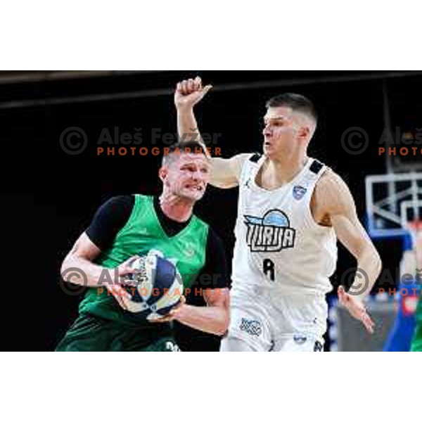 Jan Rebec of Krka and Edo Muric of Ilirija in action during OTP Bank League 2025/2026 basketball match between Ilirija and Krka in Hala Tivoli, Ljubljana, Slovenia on October 9, 2025. Photo: Filip Barbalic