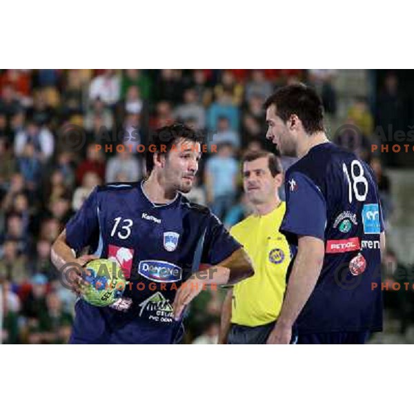 Spiler (13) and Cehte at handball match Slovenia- Germany in Qualification for Euro 2010, played in Arena Zlatorog, Celje, Slovenia 2.11.2008. Germany won 27:26 