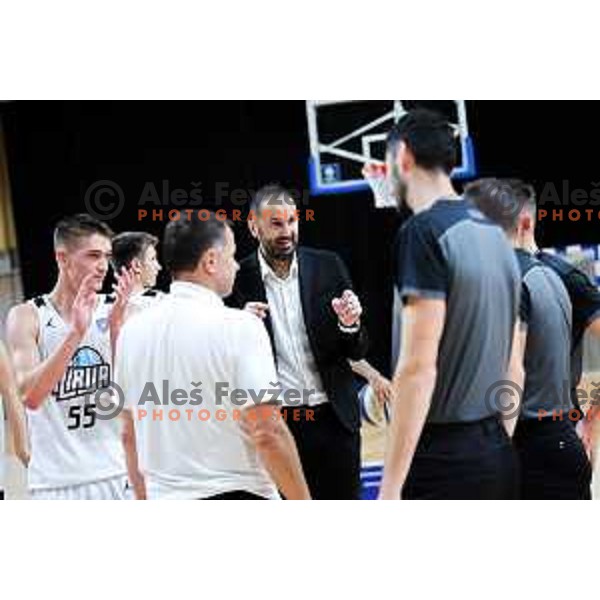 Head coach of Ilirija, Stipe Modric and referees after OTP Bank League 2025/2026 basketball match between Ilirija and Krka in Hala Tivoli, Ljubljana, Slovenia on October 9, 2025. Photo: Filip Barbalic