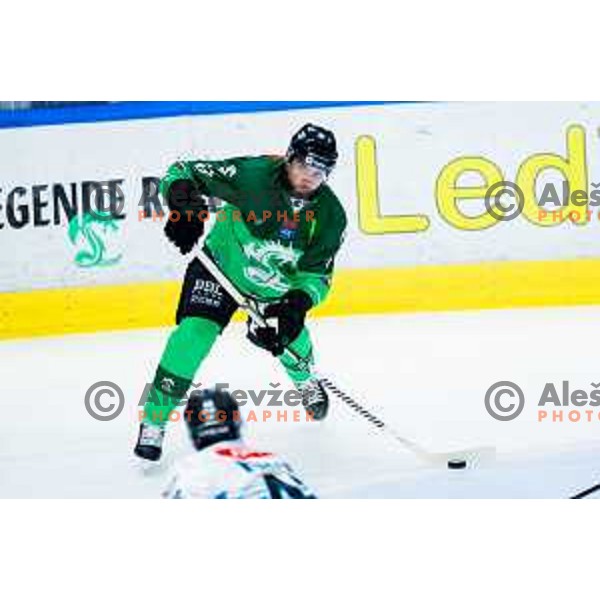 TJ Brennan of SZ Olimpija in action during IceHL 2025/2026 ice-hockey match between SZ Olimpija and Steinbach Black Wings Linz in Tivoli Hall, Ljubljana, Slovenia on October 10, 2025. Photo: Filip Barbalic