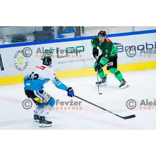Marcel Mahkovec of SZ Olimpija in action during IceHL 2025/2026 ice-hockey match between SZ Olimpija and Steinbach Black Wings Linz in Tivoli Hall, Ljubljana, Slovenia on October 10, 2025. Photo: Filip Barbalic