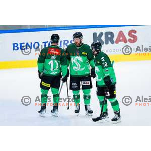 Nik Simsic, Marly Quince and Rok Kapel of SZ Olimpija in action during IceHL 2025/2026 ice-hockey match between SZ Olimpija and Steinbach Black Wings Linz in Tivoli Hall, Ljubljana, Slovenia on October 10, 2025. Photo: Filip Barbalic