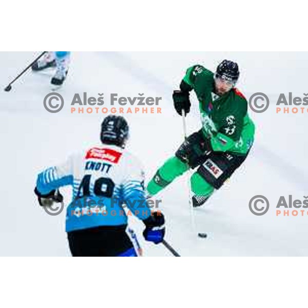 TJ Brennan of SZ Olimpija in action during IceHL 2025/2026 ice-hockey match between SZ Olimpija and Steinbach Black Wings Linz in Tivoli Hall, Ljubljana, Slovenia on October 10, 2025. Photo: Filip Barbalic