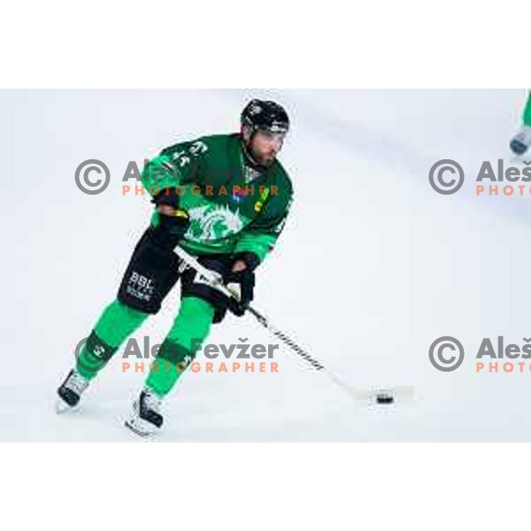 TJ Brennan of SZ Olimpija in action during IceHL 2025/2026 ice-hockey match between SZ Olimpija and Steinbach Black Wings Linz in Tivoli Hall, Ljubljana, Slovenia on October 10, 2025. Photo: Filip Barbalic