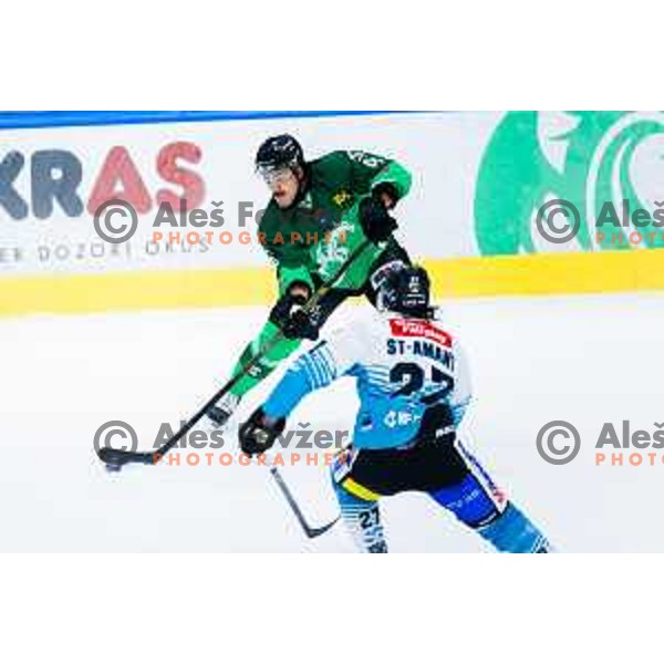 Clayton Kirichenko of SZ Olimpija in action during IceHL 2025/2026 ice-hockey match between SZ Olimpija and Steinbach Black Wings Linz in Tivoli Hall, Ljubljana, Slovenia on October 10, 2025. Photo: Filip Barbalic
