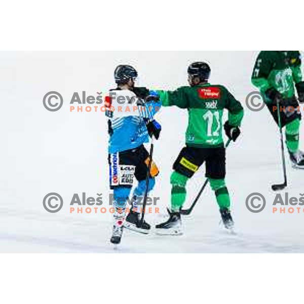 Henrik Neubauer of Steinbach Black Wings Linz and Nik Simsic of SZ Olimpija in action during IceHL 2025/2026 ice-hockey match between SZ Olimpija and Steinbach Black Wings Linz in Tivoli Hall, Ljubljana, Slovenia on October 10, 2025. Photo: Filip Barbalic