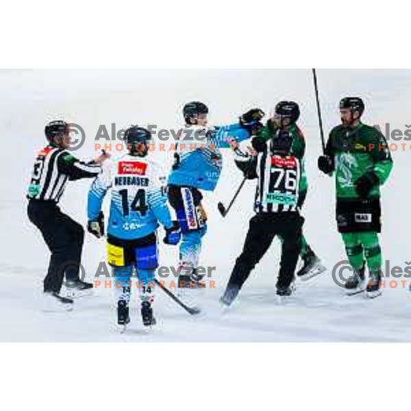 Aljaz Predan of Steinbach Black Wings Linz and Nik Simsic of SZ Olimpija in action during IceHL 2025/2026 ice-hockey match between SZ Olimpija and Steinbach Black Wings Linz in Tivoli Hall, Ljubljana, Slovenia on October 10, 2025. Photo: Filip Barbalic
