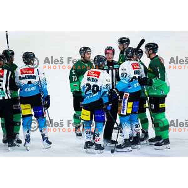 Rok Kapel and other players of both teams arguing during IceHL 2025/2026 ice-hockey match between SZ Olimpija and Steinbach Black Wings Linz in Tivoli Hall, Ljubljana, Slovenia on October 10, 2025. Photo: Filip Barbalic