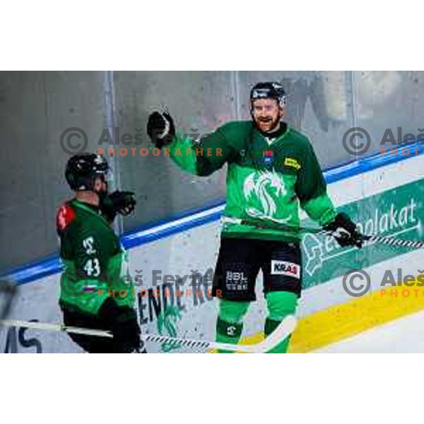 Marly Quince of SZ Olimpija celebrates goal during IceHL 2025/2026 ice-hockey match between SZ Olimpija and Steinbach Black Wings Linz in Tivoli Hall, Ljubljana, Slovenia on October 10, 2025. Photo: Filip Barbalic