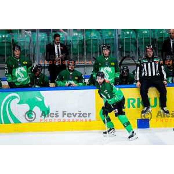 TJ Brennan of SZ Olimpija in action during IceHL 2025/2026 ice-hockey match between SZ Olimpija and Steinbach Black Wings Linz in Tivoli Hall, Ljubljana, Slovenia on October 10, 2025. Photo: Filip Barbalic