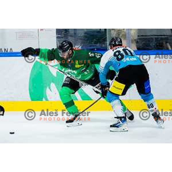 TJ Brennan of SZ Olimpija in action during IceHL 2025/2026 ice-hockey match between SZ Olimpija and Steinbach Black Wings Linz in Tivoli Hall, Ljubljana, Slovenia on October 10, 2025. Photo: Filip Barbalic
