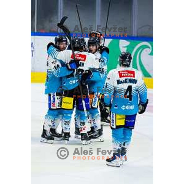 Players of Steinbach Black Wings Linz celebrate goal during IceHL 2025/2026 ice-hockey match between SZ Olimpija and Steinbach Black Wings Linz in Tivoli Hall, Ljubljana, Slovenia on October 10, 2025. Photo: Filip Barbalic