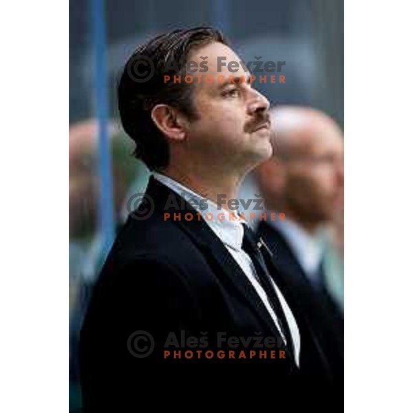 Head coach of SZ Olimpija, Ben Cooper in action during IceHL 2025/2026 ice-hockey match between SZ Olimpija and Steinbach Black Wings Linz in Tivoli Hall, Ljubljana, Slovenia on October 10, 2025. Photo: Filip Barbalic