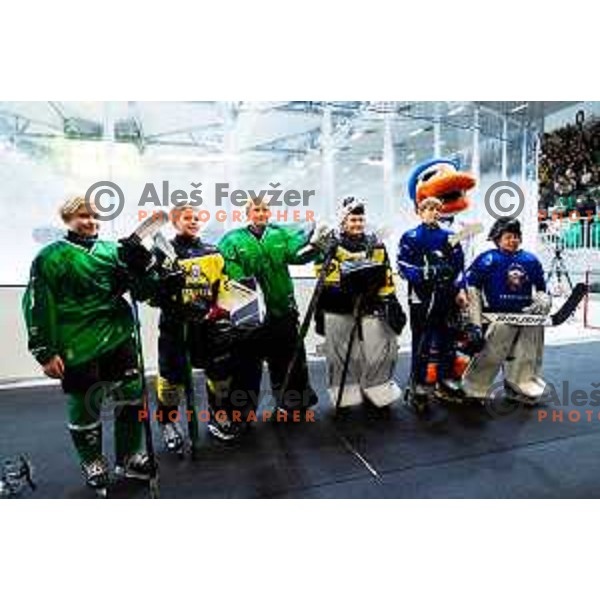 Young players of Slavija, SZ Olimpija and other Slovenian teams during IceHL 2025/2026 ice-hockey match between SZ Olimpija and Steinbach Black Wings Linz in Tivoli Hall, Ljubljana, Slovenia on October 10, 2025. Photo: Filip Barbalic