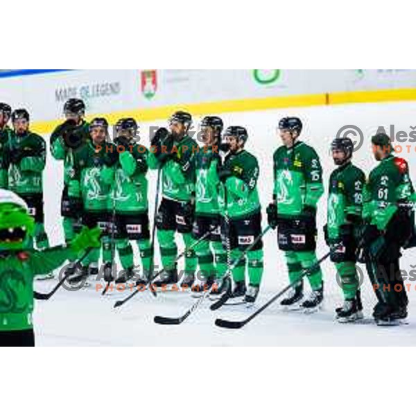 Players of SZ Olimpija after IceHL 2025/2026 ice-hockey match between SZ Olimpija and Steinbach Black Wings Linz in Tivoli Hall, Ljubljana, Slovenia on October 10, 2025. Photo: Filip Barbalic