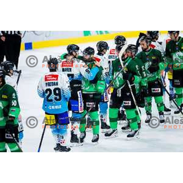 Players of SZ Olimpija after IceHL 2025/2026 ice-hockey match between SZ Olimpija and Steinbach Black Wings Linz in Tivoli Hall, Ljubljana, Slovenia on October 10, 2025. Photo: Filip Barbalic