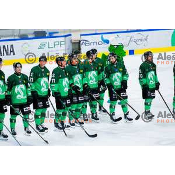 Players of SZ Olimpija after IceHL 2025/2026 ice-hockey match between SZ Olimpija and Steinbach Black Wings Linz in Tivoli Hall, Ljubljana, Slovenia on October 10, 2025. Photo: Filip Barbalic
