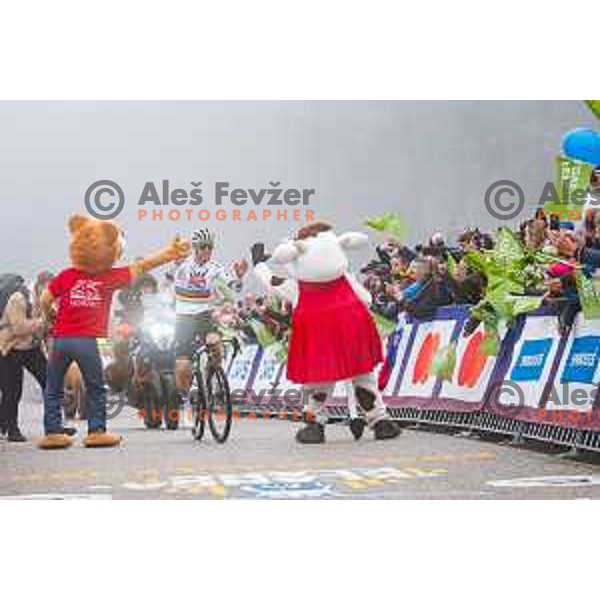 Tadej Pogacar at the finish line of the Pogi Challenge at Krvavec Ski resort, Slovenia on October 12, 2025