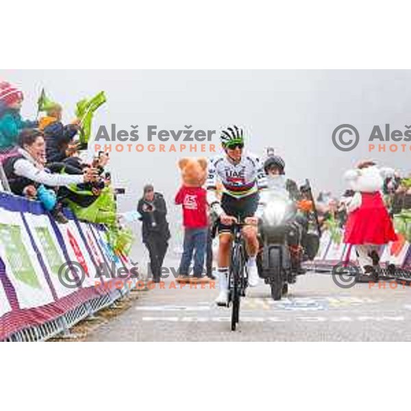 Tadej Pogacar at the finish line of the Pogi Challenge at Krvavec Ski resort, Slovenia on October 12, 2025