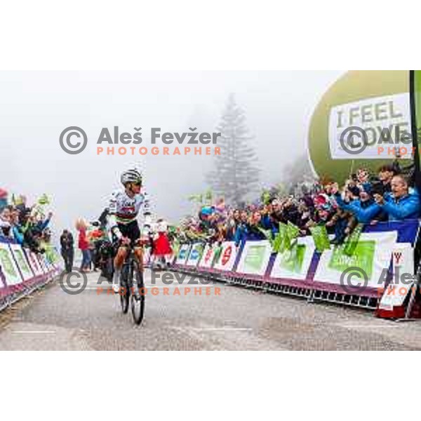 Tadej Pogacar at the finish line of the Pogi Challenge at Krvavec Ski resort, Slovenia on October 12, 2025