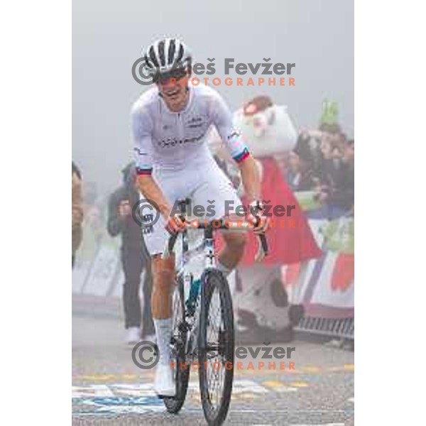 Miran Kovacic at the finish line of the Pogi Challenge at Krvavec Ski resort, Slovenia on October 12, 2025